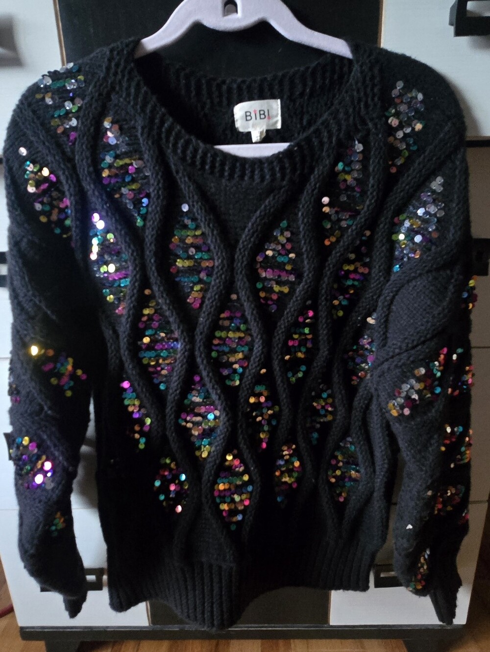 BiBi Black Cable Knit Sweater with Multicolor Sequins